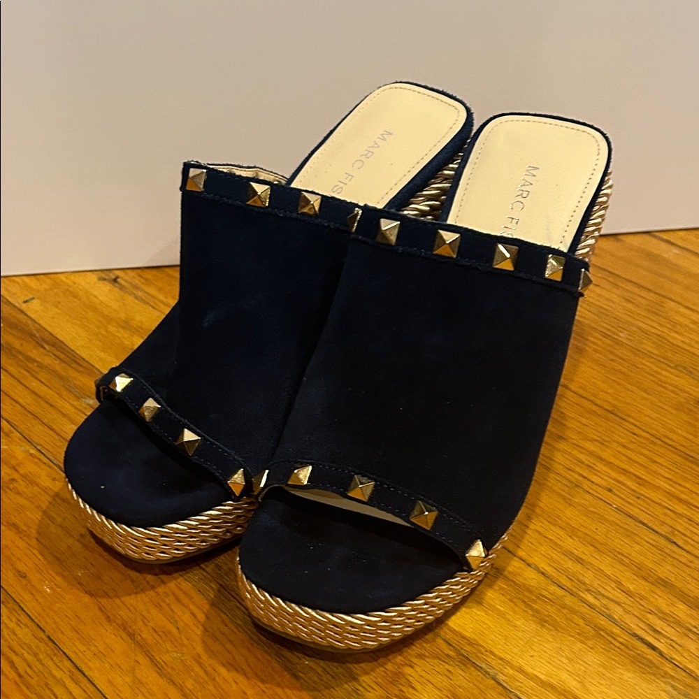 Marc Fisher Black and Gold Studded Mules